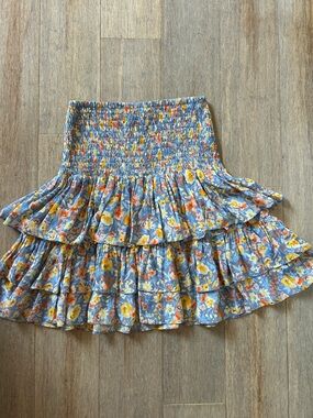 Gilner Farrar Floral Smocked Tiered Circle Mini Skirt in Blue Yellow size small